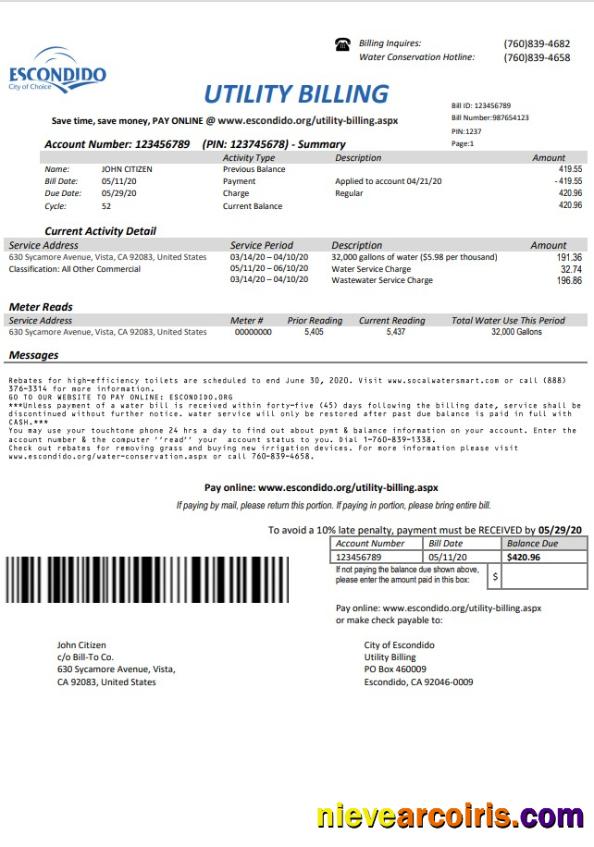 USA California Escondido City of Choice utility bill